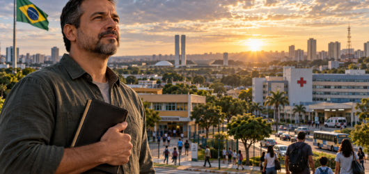Cristão refletindo sobre política e fé diante de uma cidade brasileira